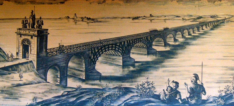 蓝色蜡笔画的图拉真桥。